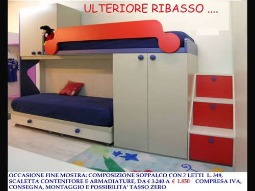 Occasione cameretta soppalco 2 letti rosso blu SARDEGNA arredamenti Sardegna. Arredamento casa in Sardegna vicino Cagliari Villacidro Sanluri Oristano Nuoro Carbonia Iglesias. Offerta letto cuoio in Sardegna. Materassi Permaflex in Sardegna. Lista nozze in Sardegna